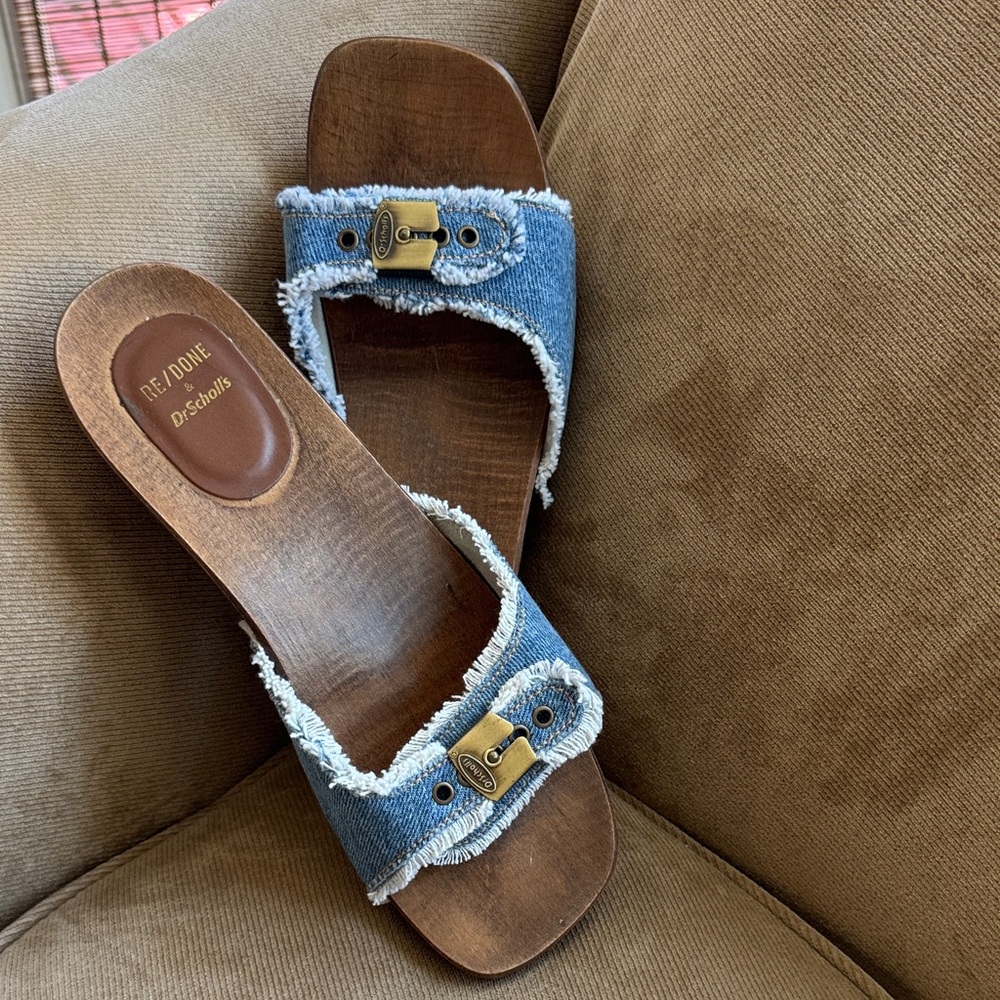 Dr. Scholl's Denim Frayed Slide Mules in Light Blue